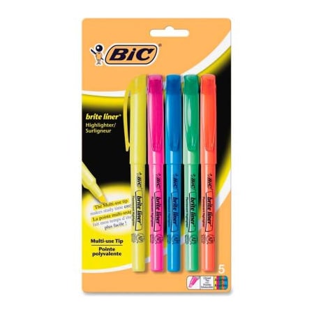 Bic Bic Brite Liner Highlighter with Pocket Clip, Chisel Tip, Assorted Ink, 5/Set BLP51WASST